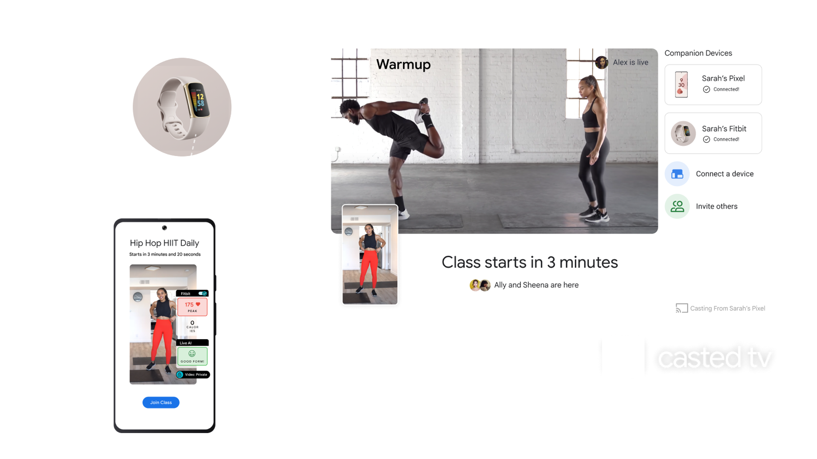 Connected-surface concept: a Fitbit, a phone, and a cast-to-TV class view sharing one session, with companion devices connected and live form feedback