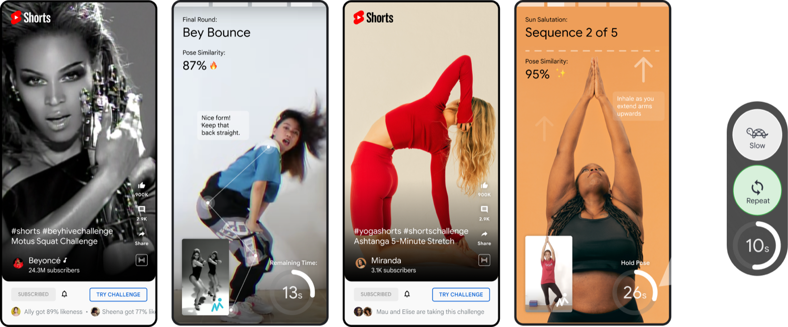 YouTube Shorts concepts using Motus body tracking: pose-similarity scoring on a squat challenge, a yoga stretch, and a sun salutation, with form cues and hold timers
